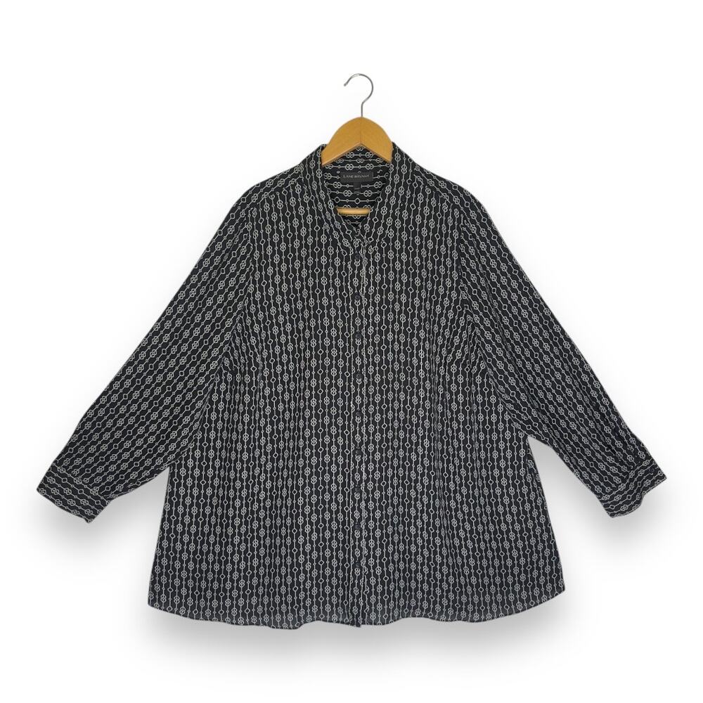 Lane Bryant Women's Button Down Shirt 22/24 Black Geometric Print Long Sleeve